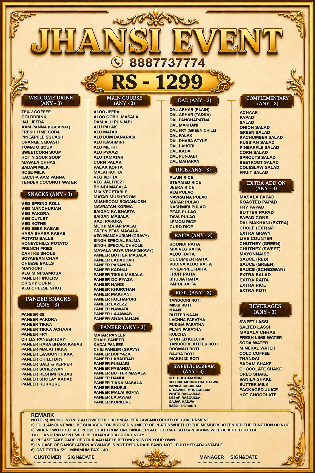 GOLD PAKAGE VEG MENU 